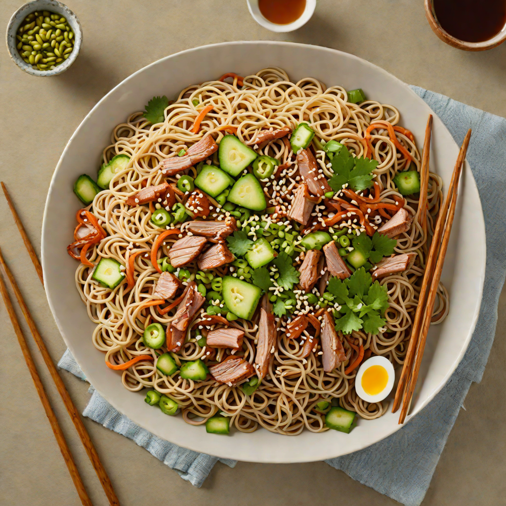 Cold Okinawan Soba Noodle Salad with Shredded Pork and Scallions