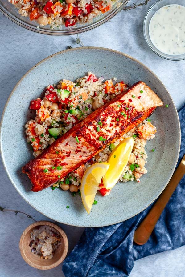 Pan-Fried Salmon with Lemon-Dill Yogurt Sauce and Quinoa Salad