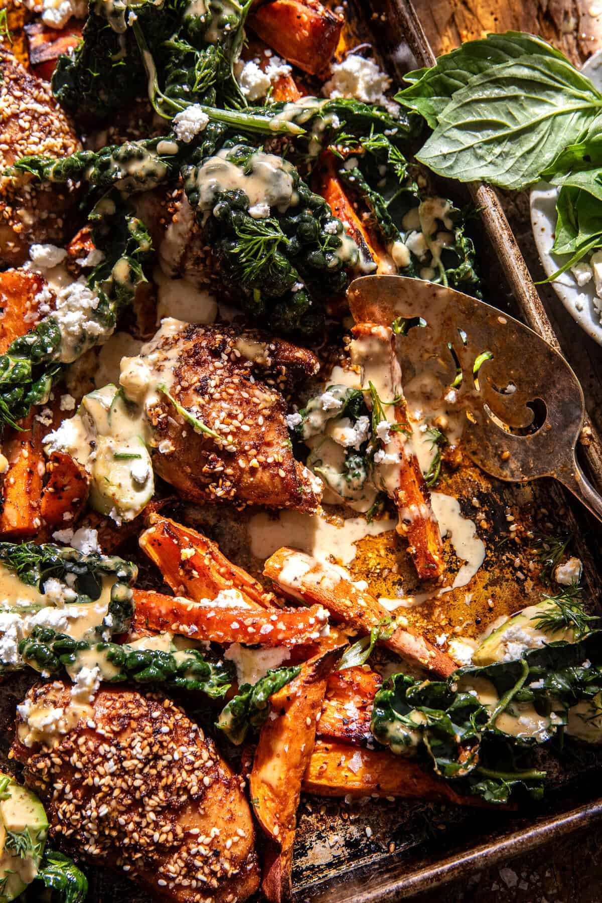 Sheet Pan Sesame Feta Chicken with Roasted Sweet Potatoes