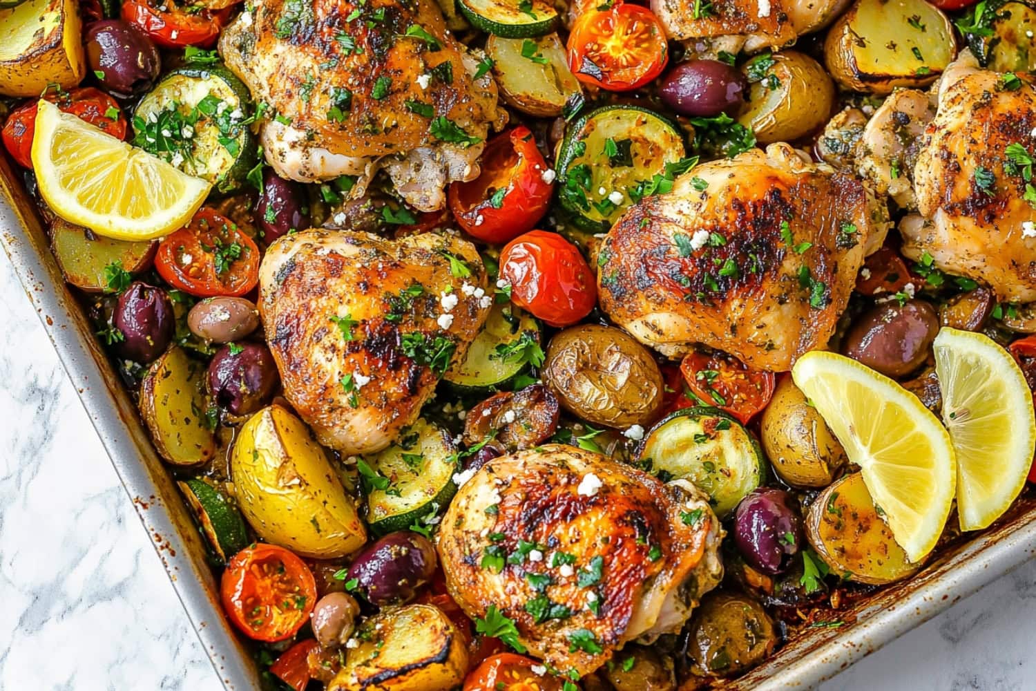 Greek Sheet Pan Chicken with Lemon, Olives, and Potatoes