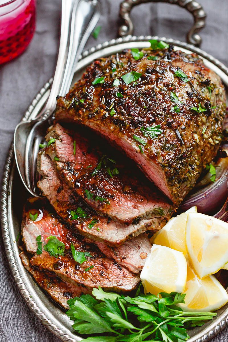 Oven-Roasted Sirloin with Garlic Herb Butter and Brussels Sprouts