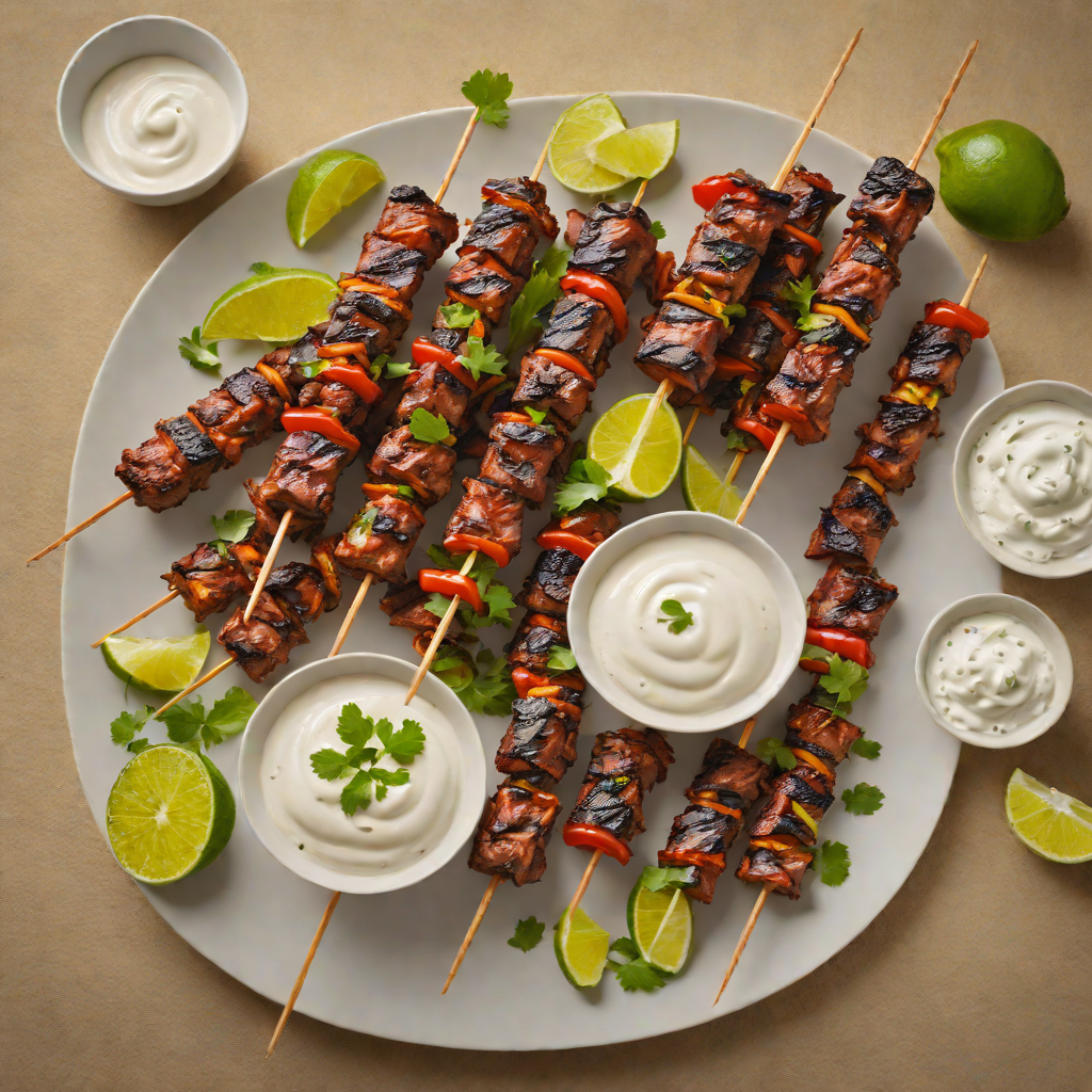 Grilled Ancho-Chili Rubbed Beef Skewers with Lime Yogurt Dip