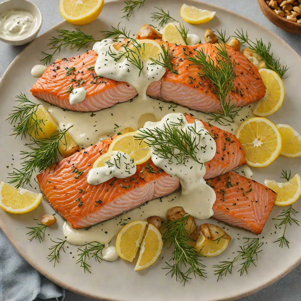 Oven-Roasted Salmon with Dijon and Dill Yogurt Sauce