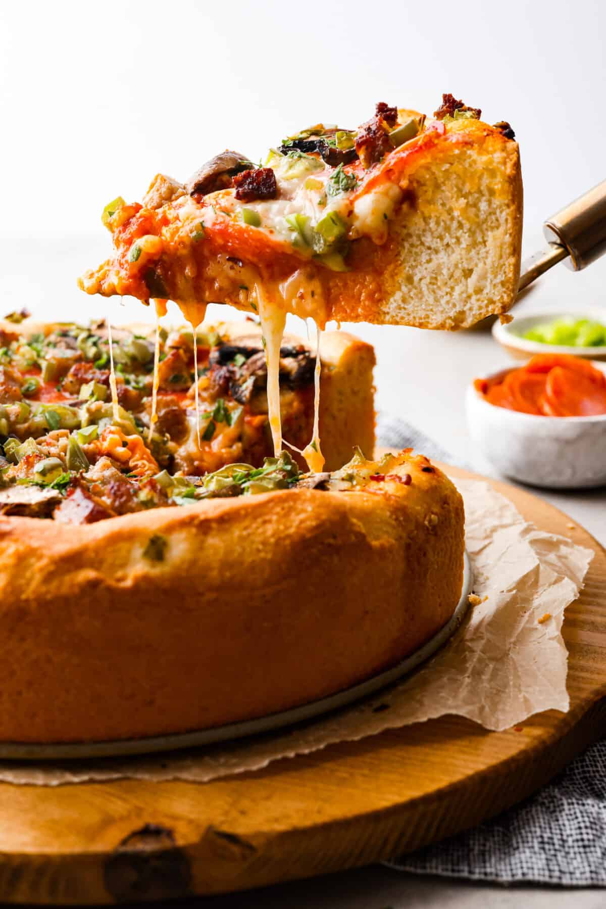 Chicago-Style Baked Deep Dish Pizza with Caramelized Onions