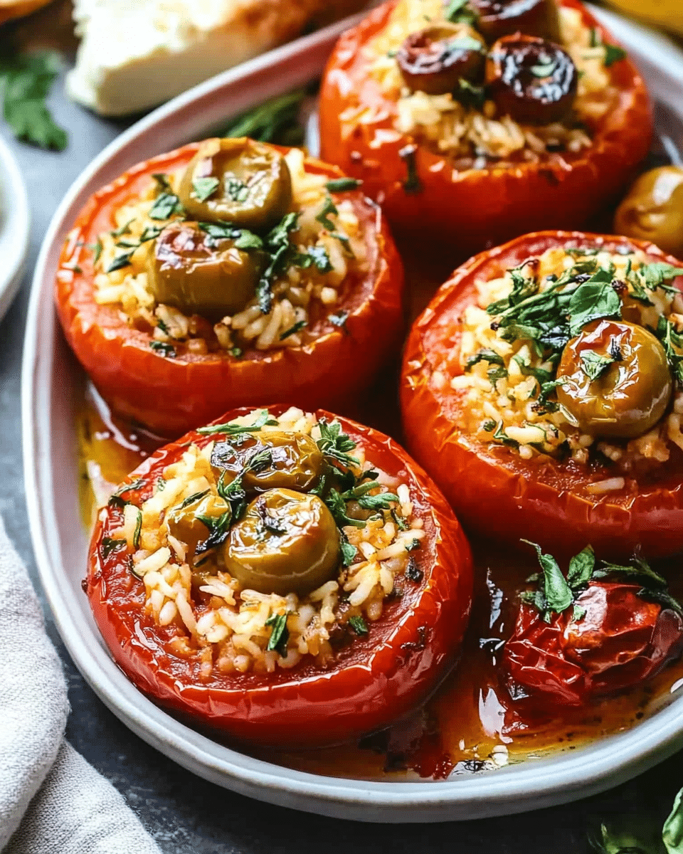 Greek-Style Stuffed Tomatoes with Rice, Herbs, and Feta