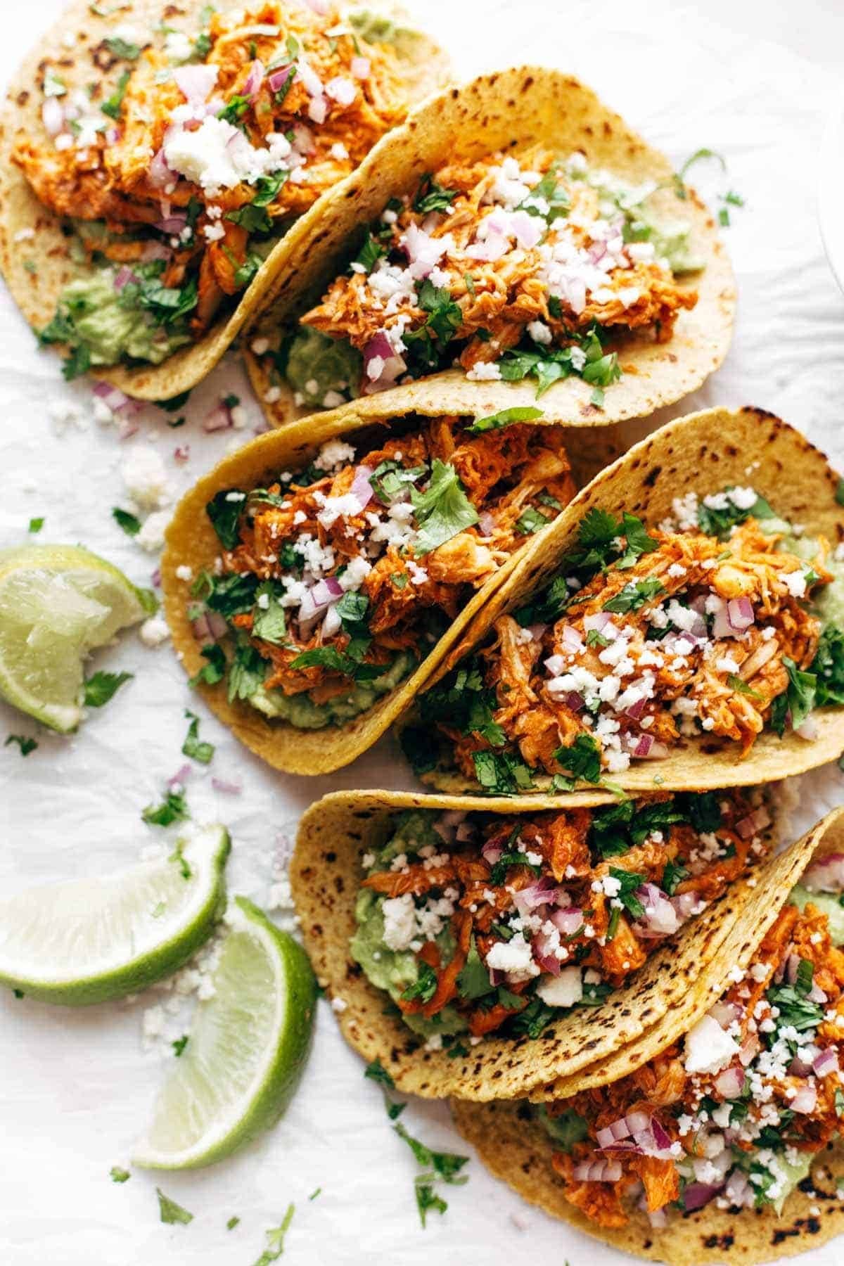 Quick Chicken Tinga Tacos with Avocado Crema