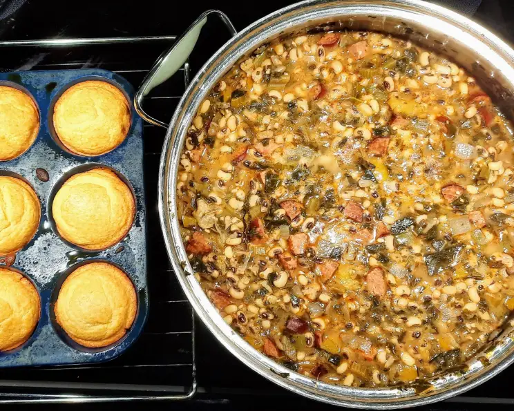 Stewed Black Eyed Peas with Spinach and Smoked Fish