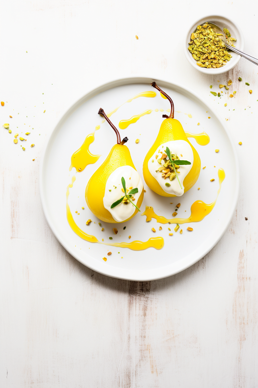 Honey-Rosewater Poached Pears with Pistachio Crumble