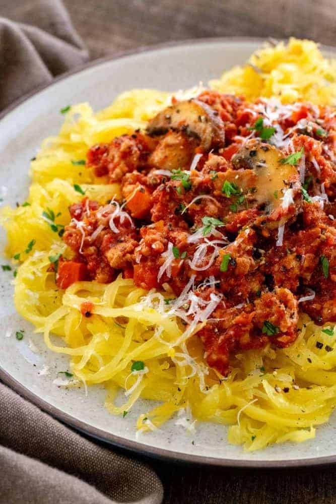 Spaghetti Squash Bolognese with Ground Beef and Mushrooms