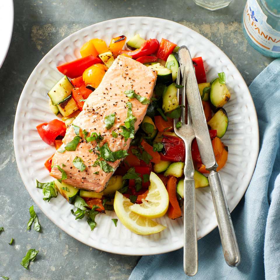 Mediterranean Lemon-Herb Baked Salmon with Roasted Vegetables