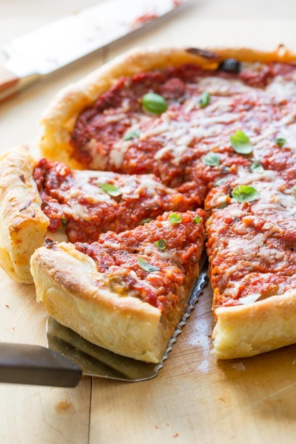 Chicago-Style Deep Dish Pizza with Tomato-Basil Sauce