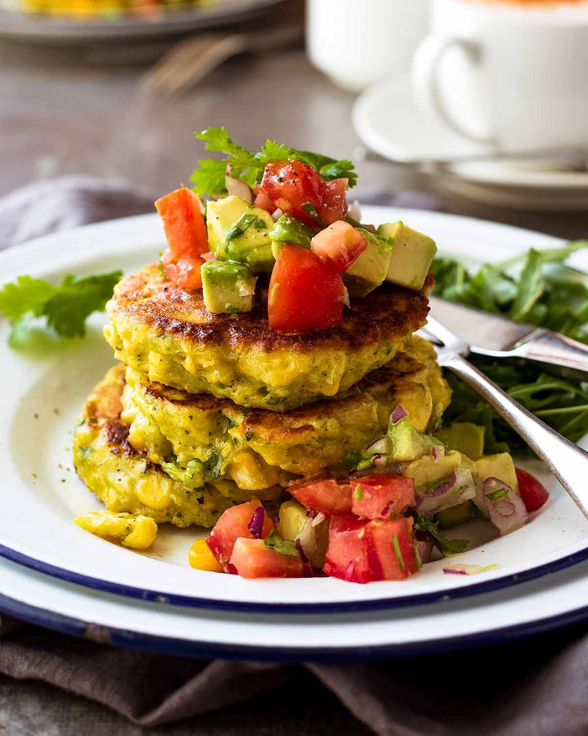Pan-Fried Corn Arepas with Queso Blanco and Avocado Salsa