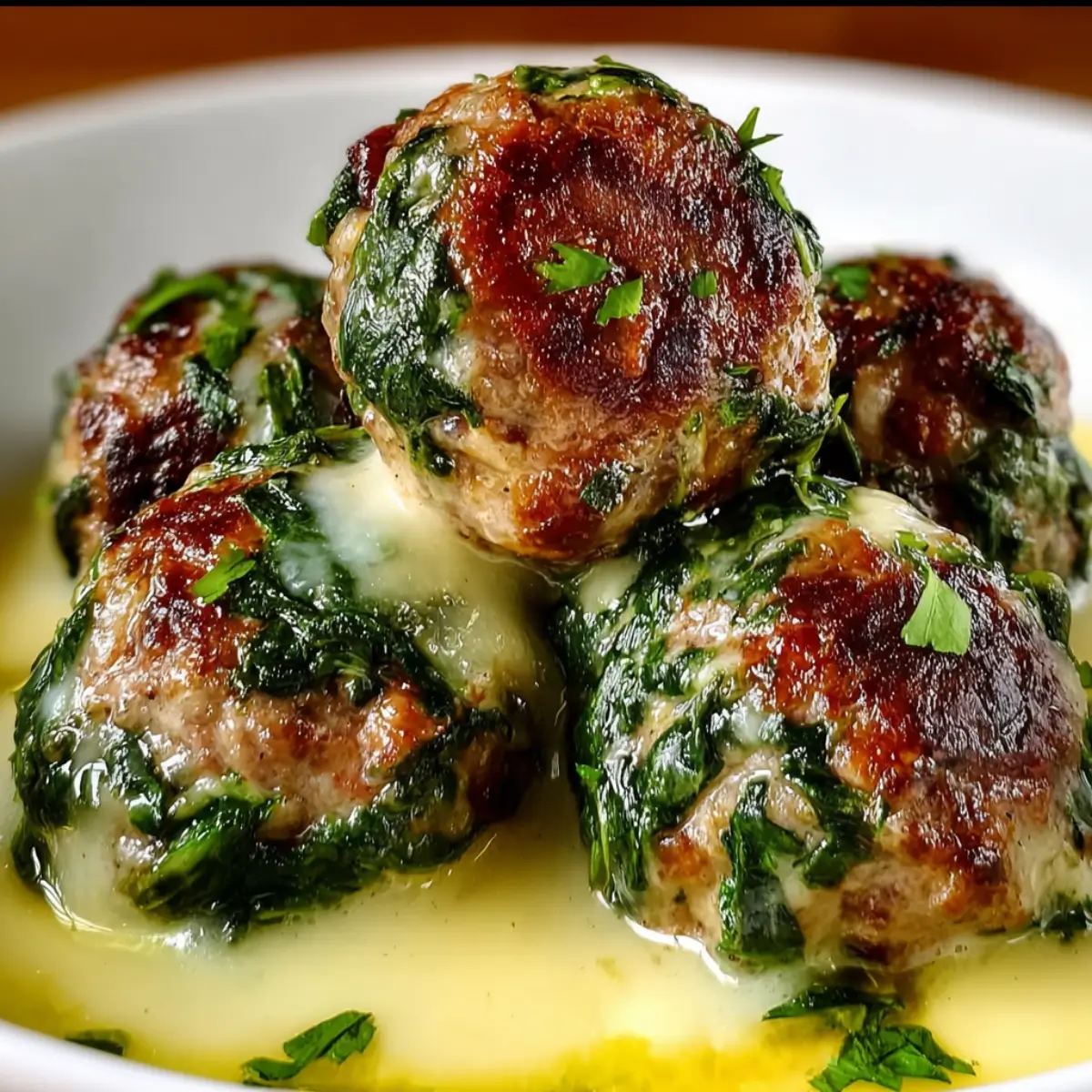 Cheese-Stuffed Meatballs in Creamy Spinach Sauce