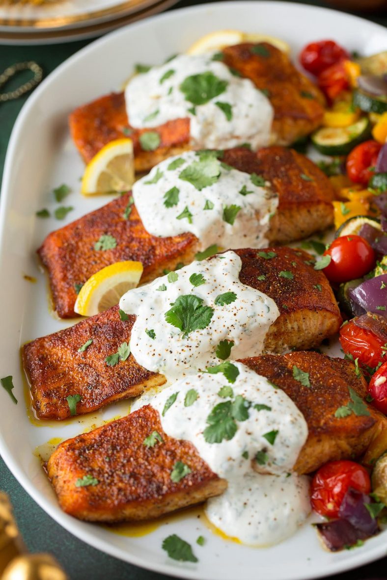 Pan-Roasted Salmon with Lemon-Dill Yogurt Dressing