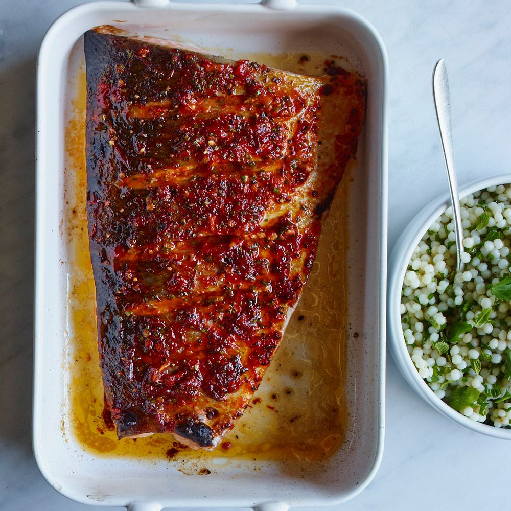 Sheet Pan Harissa-Spiced Salmon with Chickpeas and Spinach