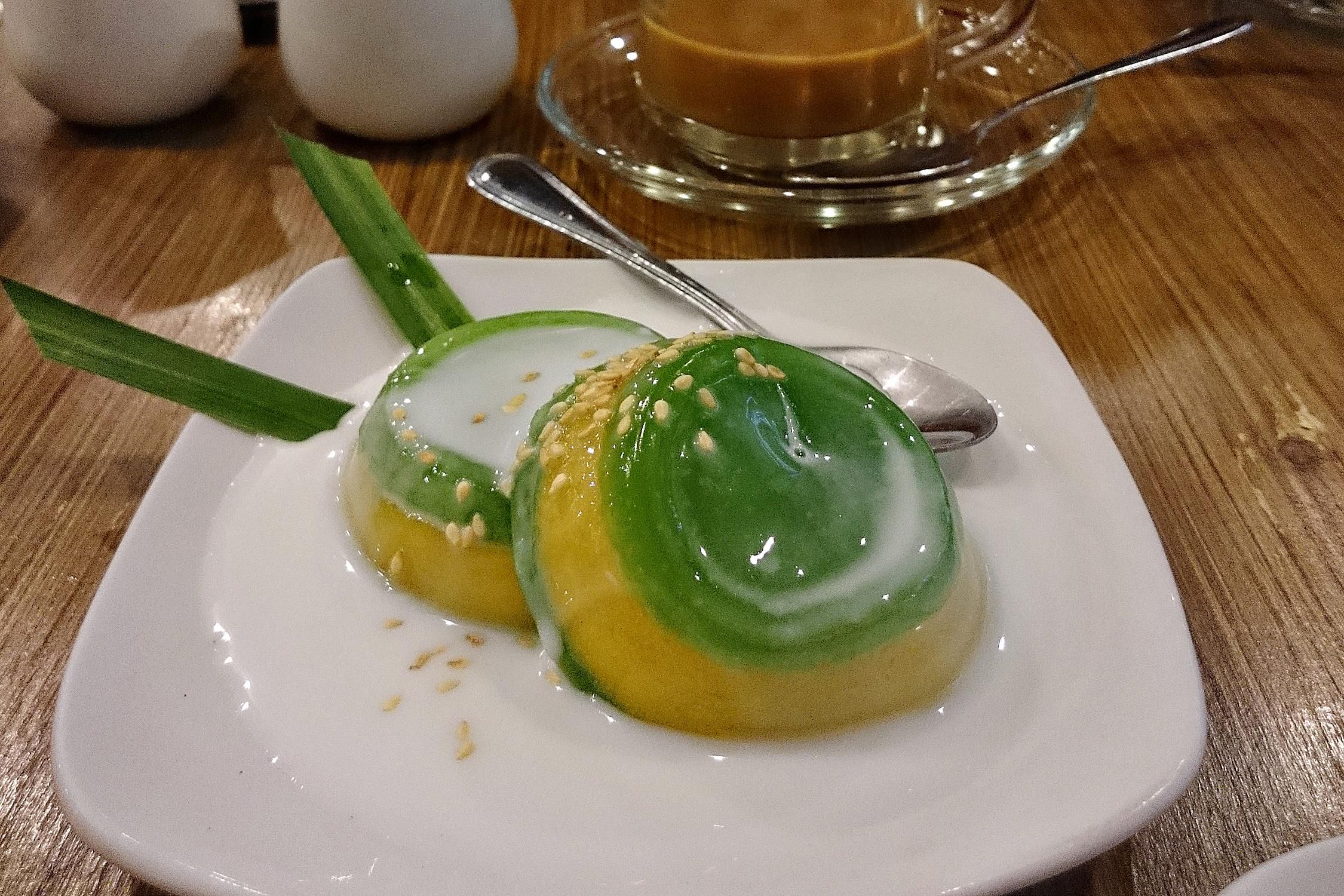 Chilled Pandan and Coconut Jelly with Mung Bean Topping