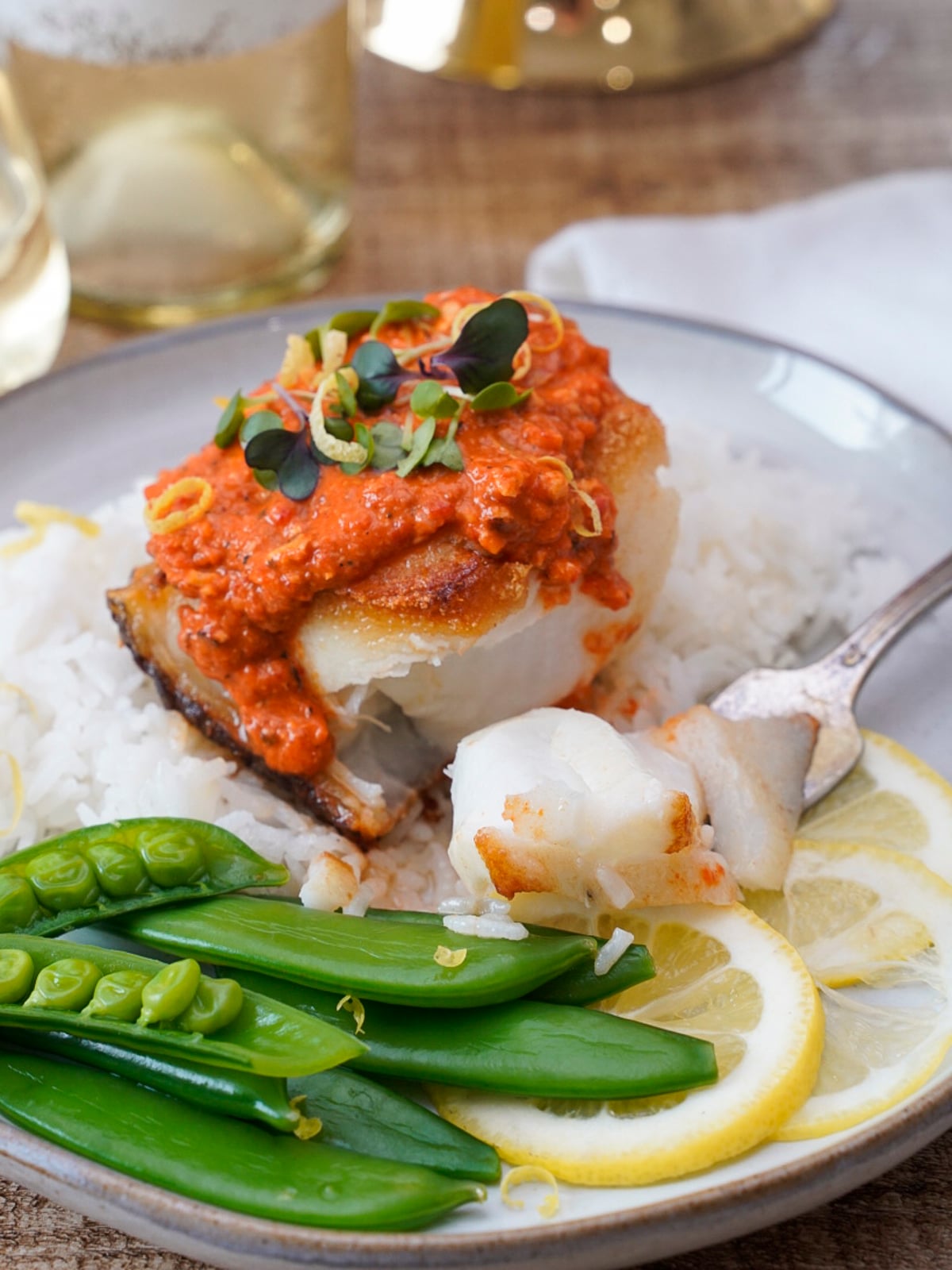 Pan-Seared Sea Bass with Romesco Sauce and Toasted Almonds