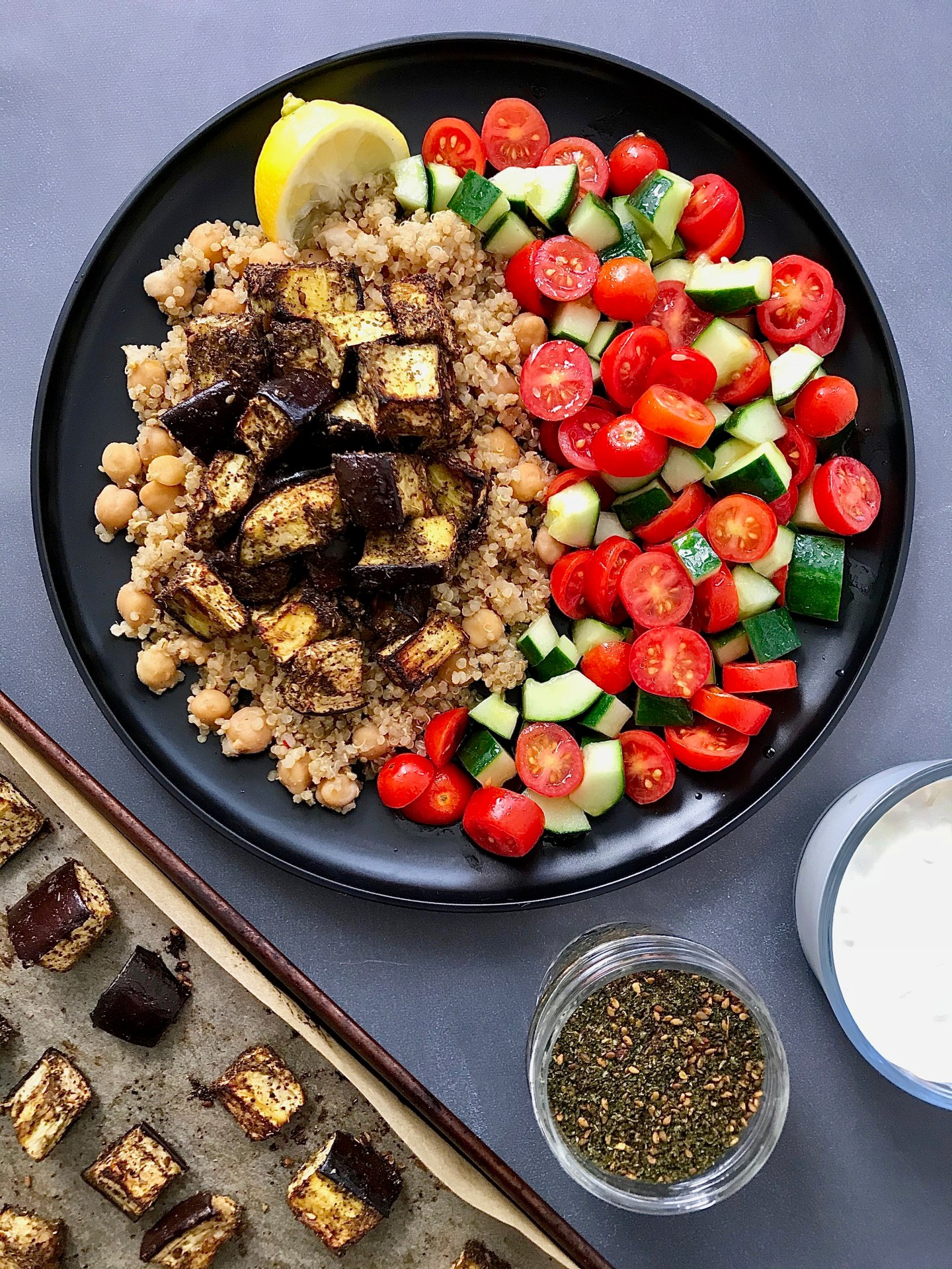 Roasted Eggplant and Hidden Za’atar Chickpea Salad