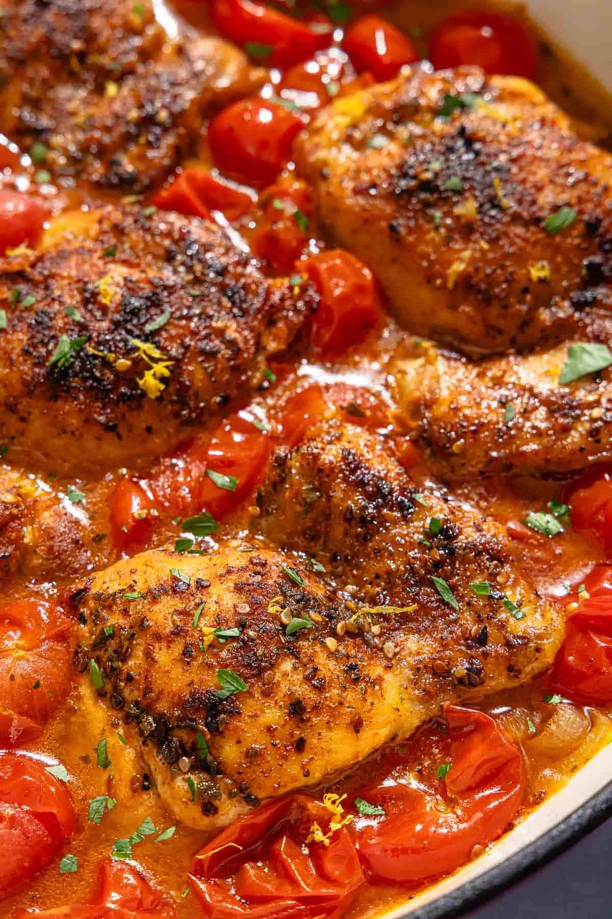 Pan-Seared Chicken Thighs with Kalamata Olive and Tomato Ragout