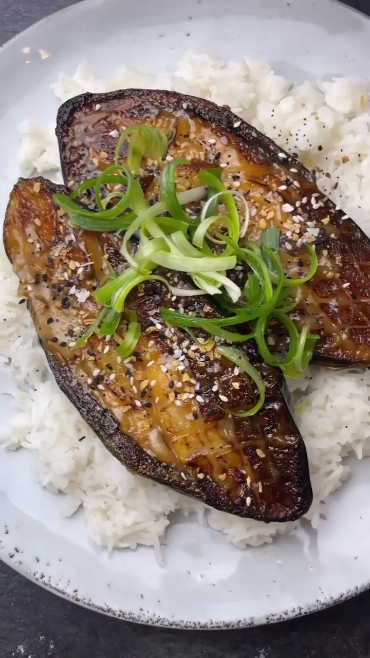 Seared Miso-Glazed Eggplant Donburi with Scallion and Sesame