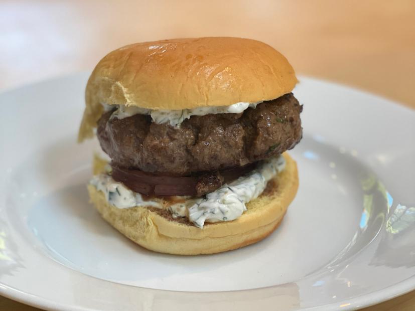 Grilled Lamb Burgers with Tzatziki and Pickled Red Onion