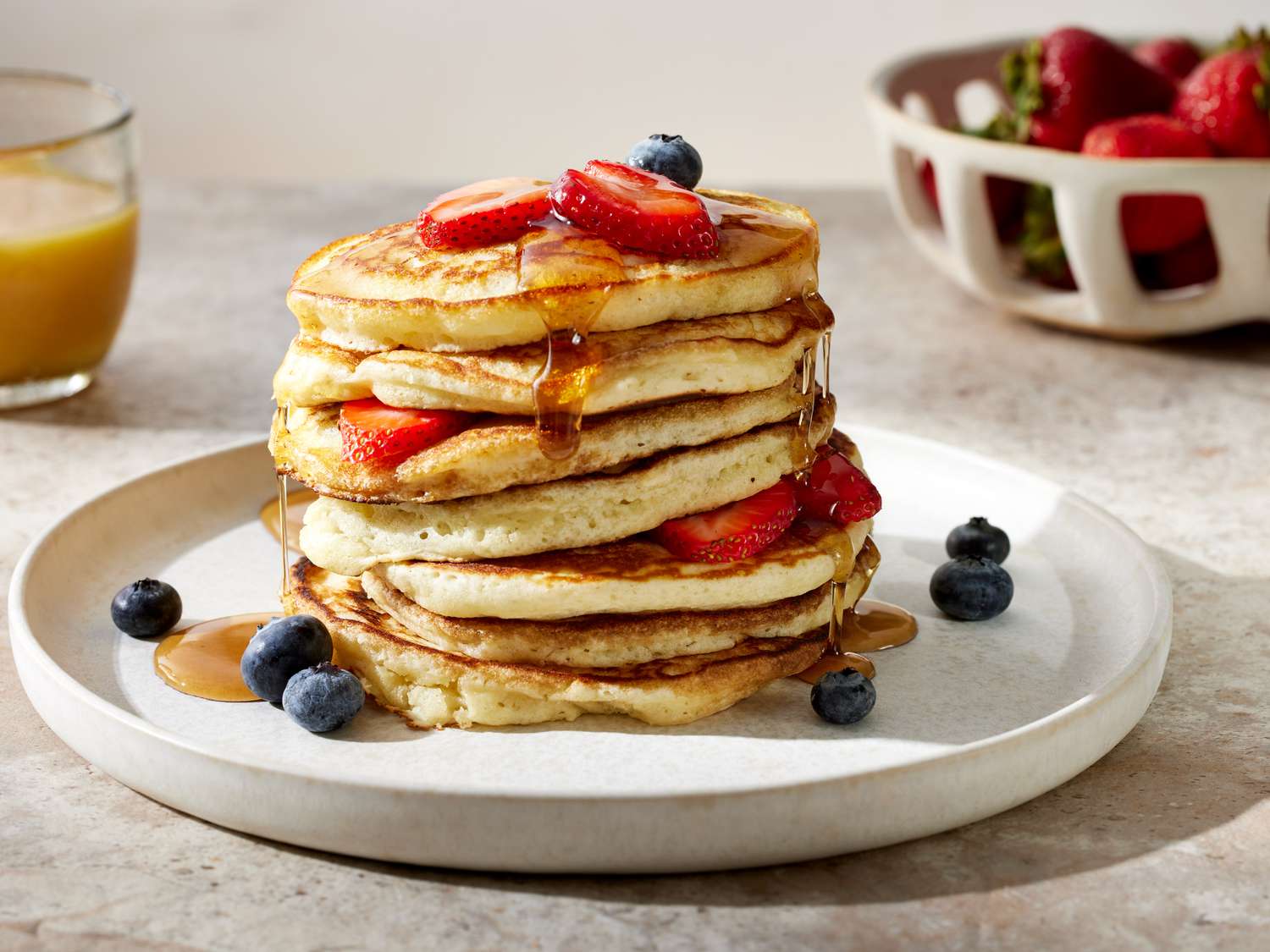 Mini Pancake Stacks with Fresh Berries and Maple Syrup