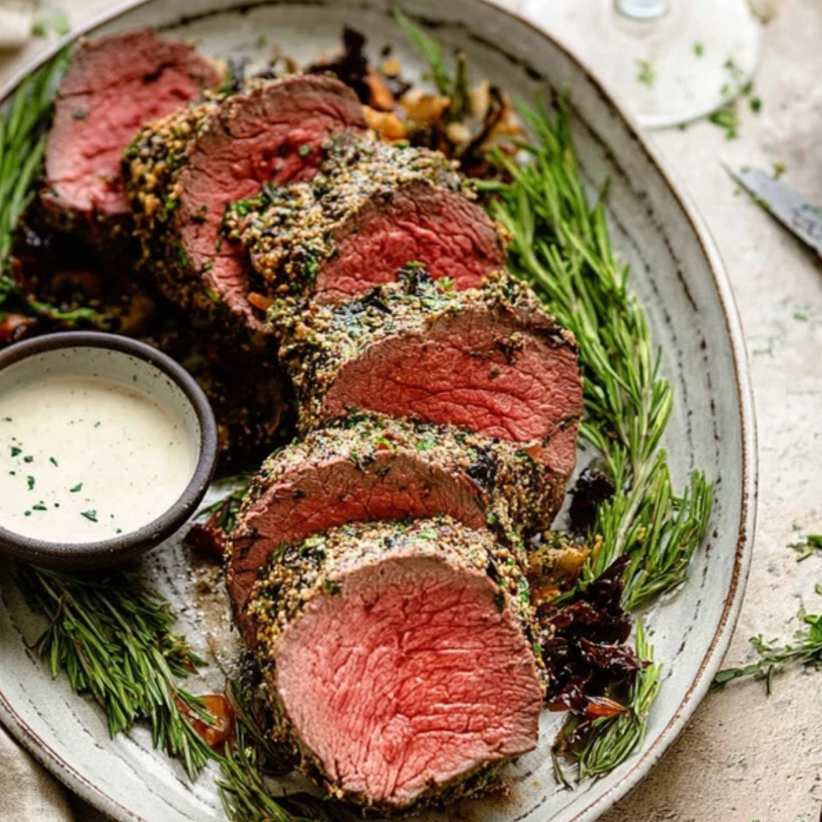 Whole30 Herb-Crusted Beef Tenderloin with Root Vegetables