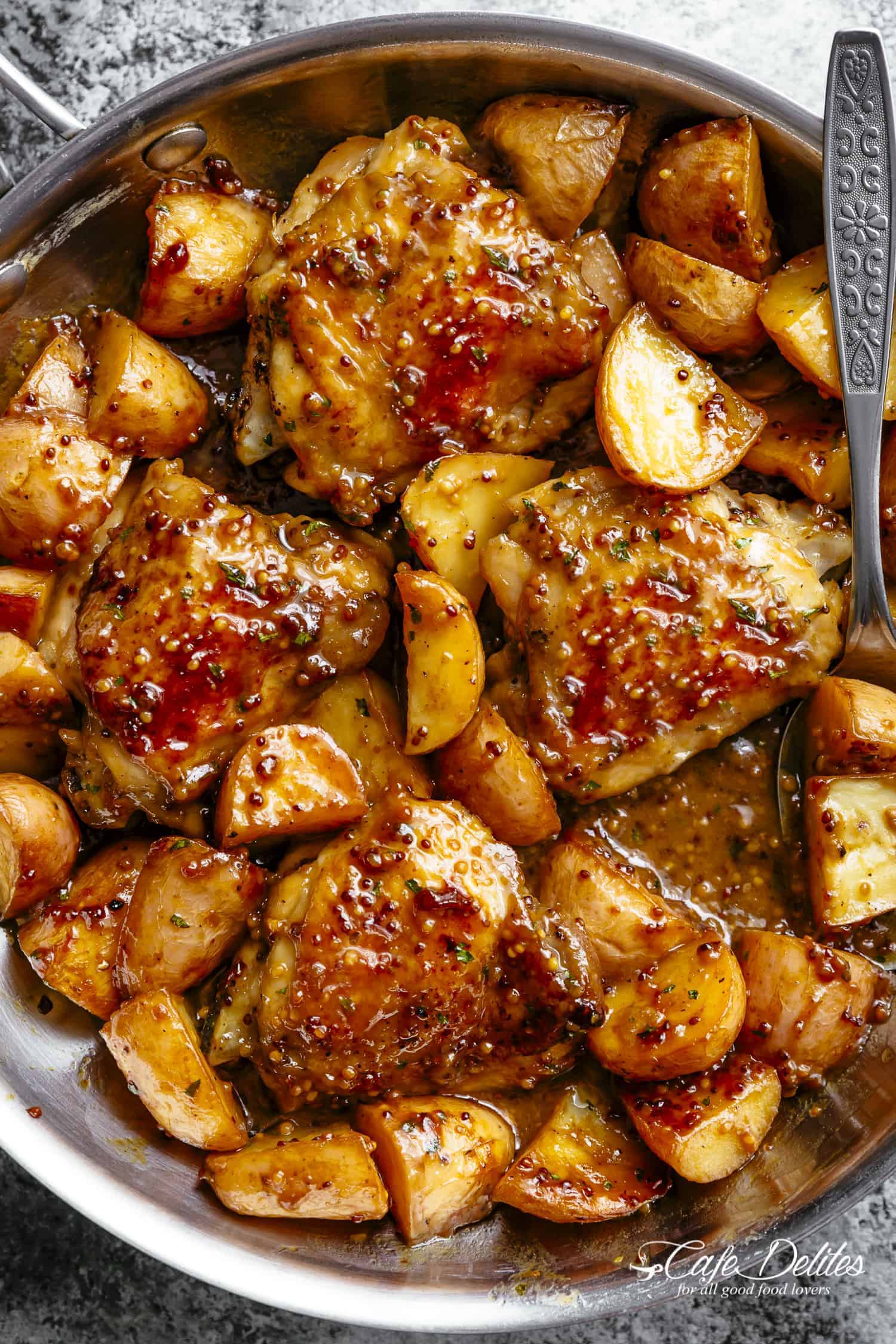 Honey-Mustard Glazed Chicken Thighs with Roasted Garlic Potatoes