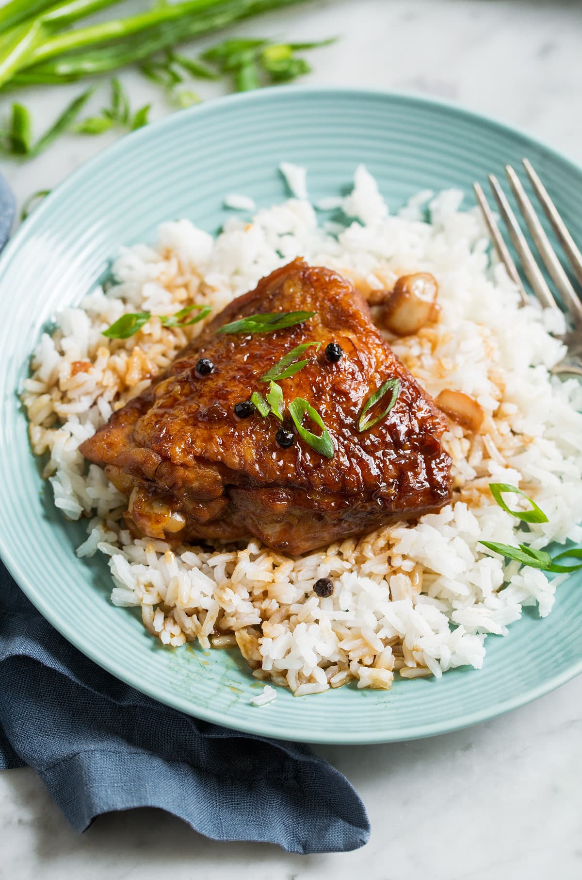 Adobo-Braised Chicken Thighs with Garlic and Bay Leaves