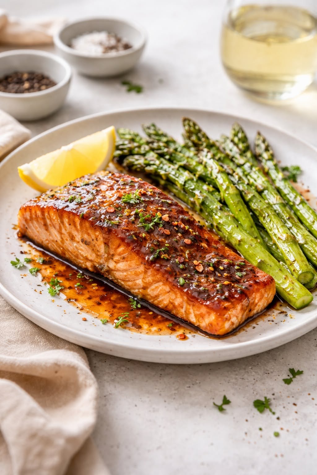 Pan-Seared Salmon with Honey-Balsamic Glaze and Roasted Asparagus