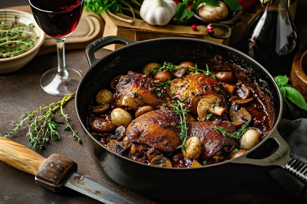 Traditional French Coq au Vin with Mushrooms and Herbs