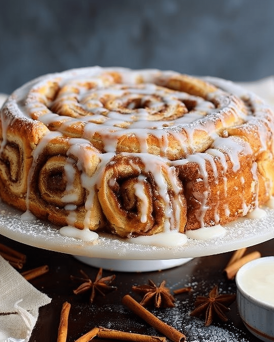 Layered Cinnamon Roll Cake with Vanilla Glaze