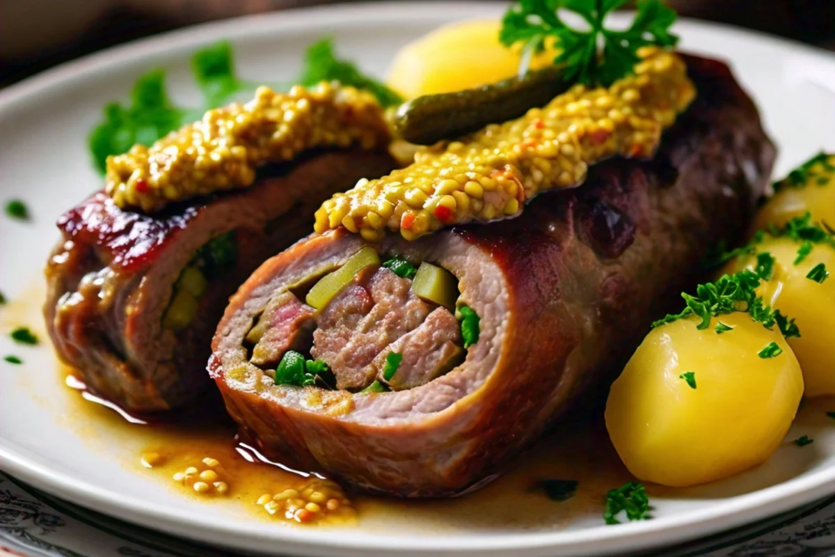 Braised Beef Rouladen with Mustard and Pickles