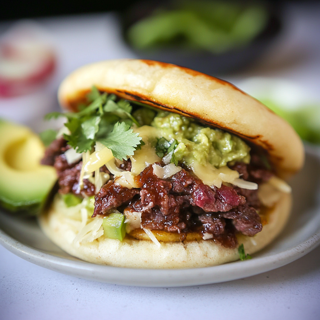 Pan-Seared Arepas with Shredded Beef and Avocado Cream