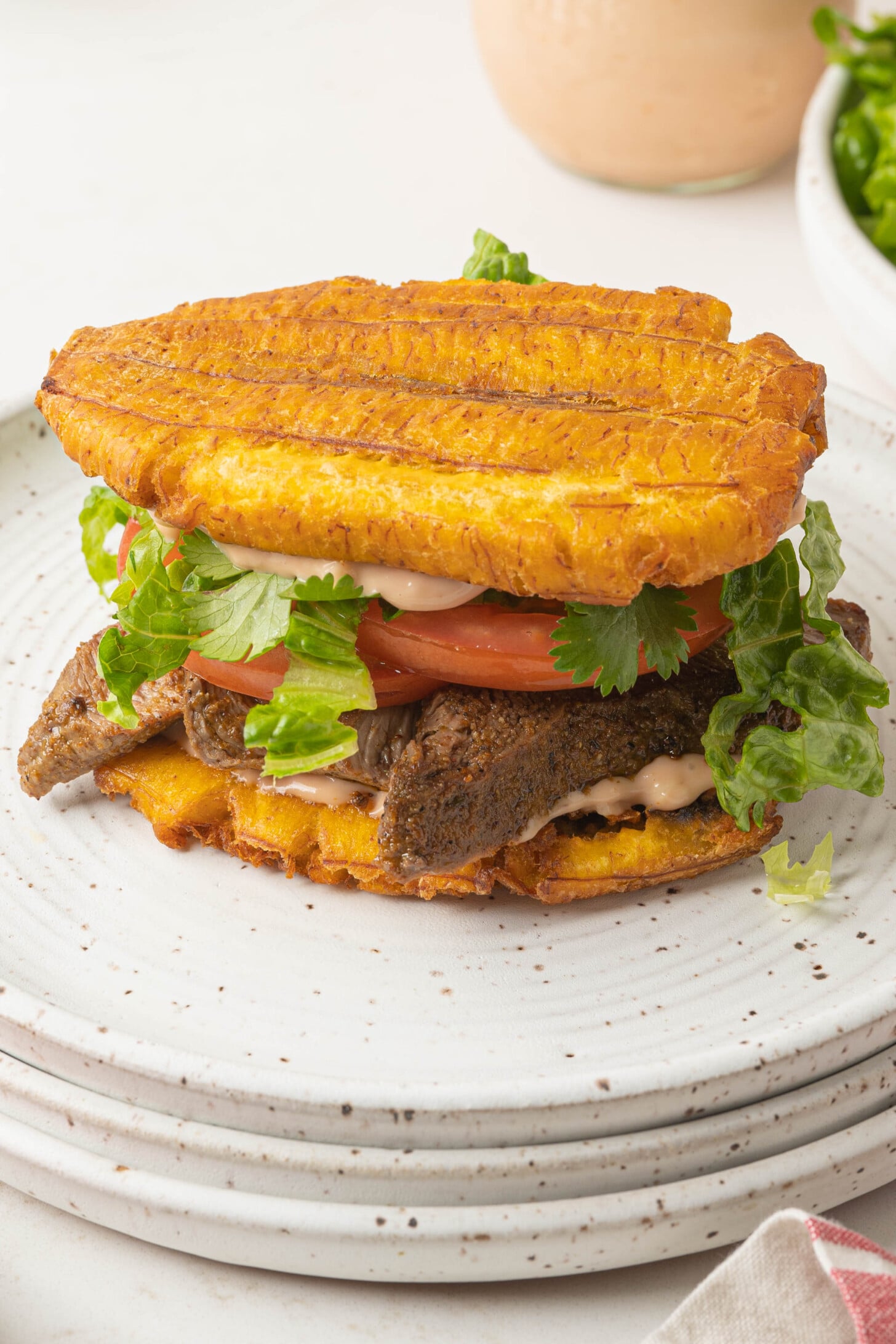 Fried Plantain Sandwiches with Pulled Chicken and Pink Sauce
