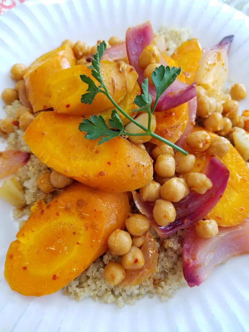 Harissa-Spiced Roasted Chickpea and Carrot Salad with Lemon Dressing