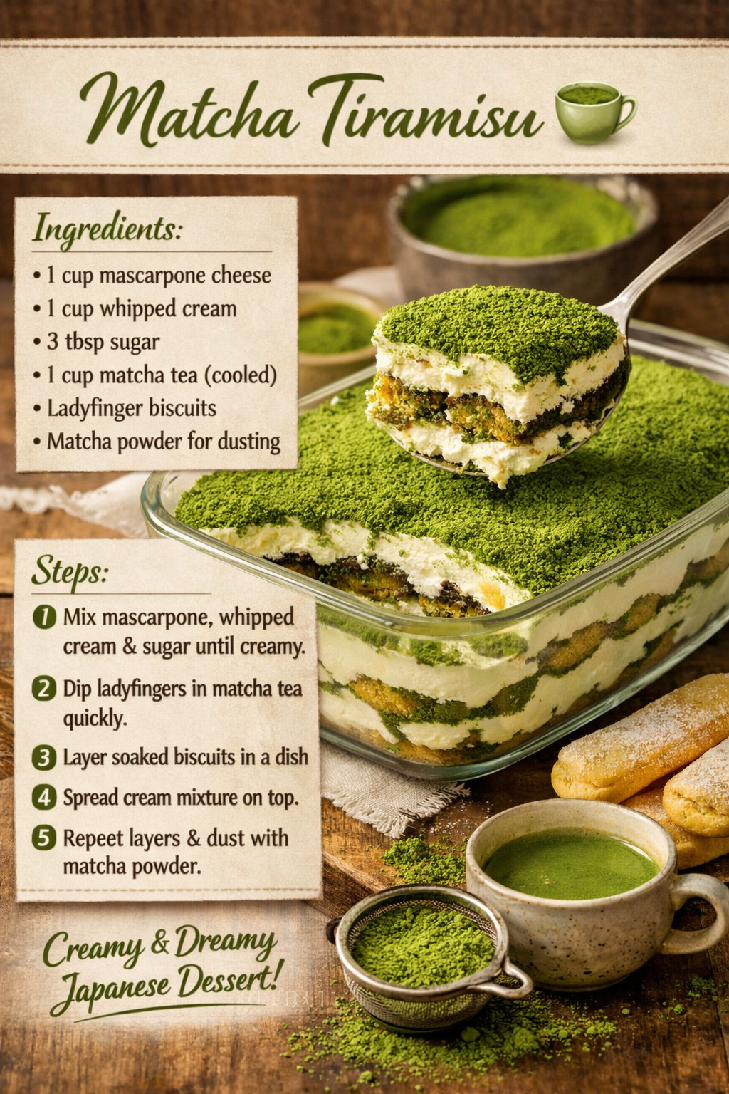 Japanese Matcha Tiramisu with Sweetened Red Bean