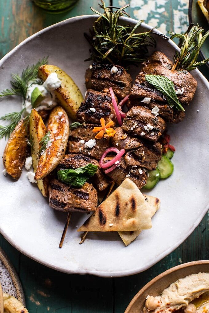 Oven-Baked Lamb Souvlaki with Tzatziki and Lemon Potatoes