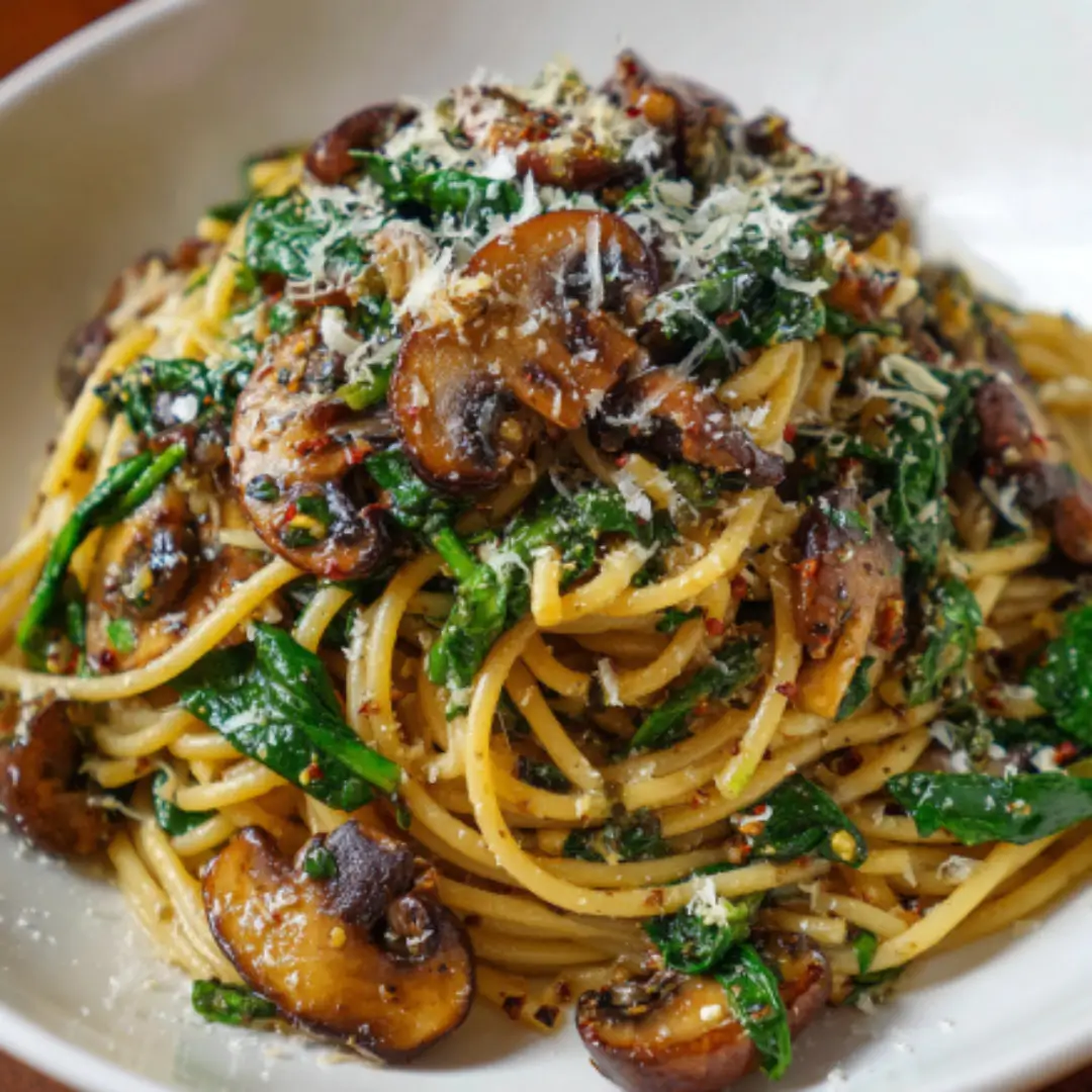 Velveted Mushroom & Spinach Pasta with Garlic Bread Croutons