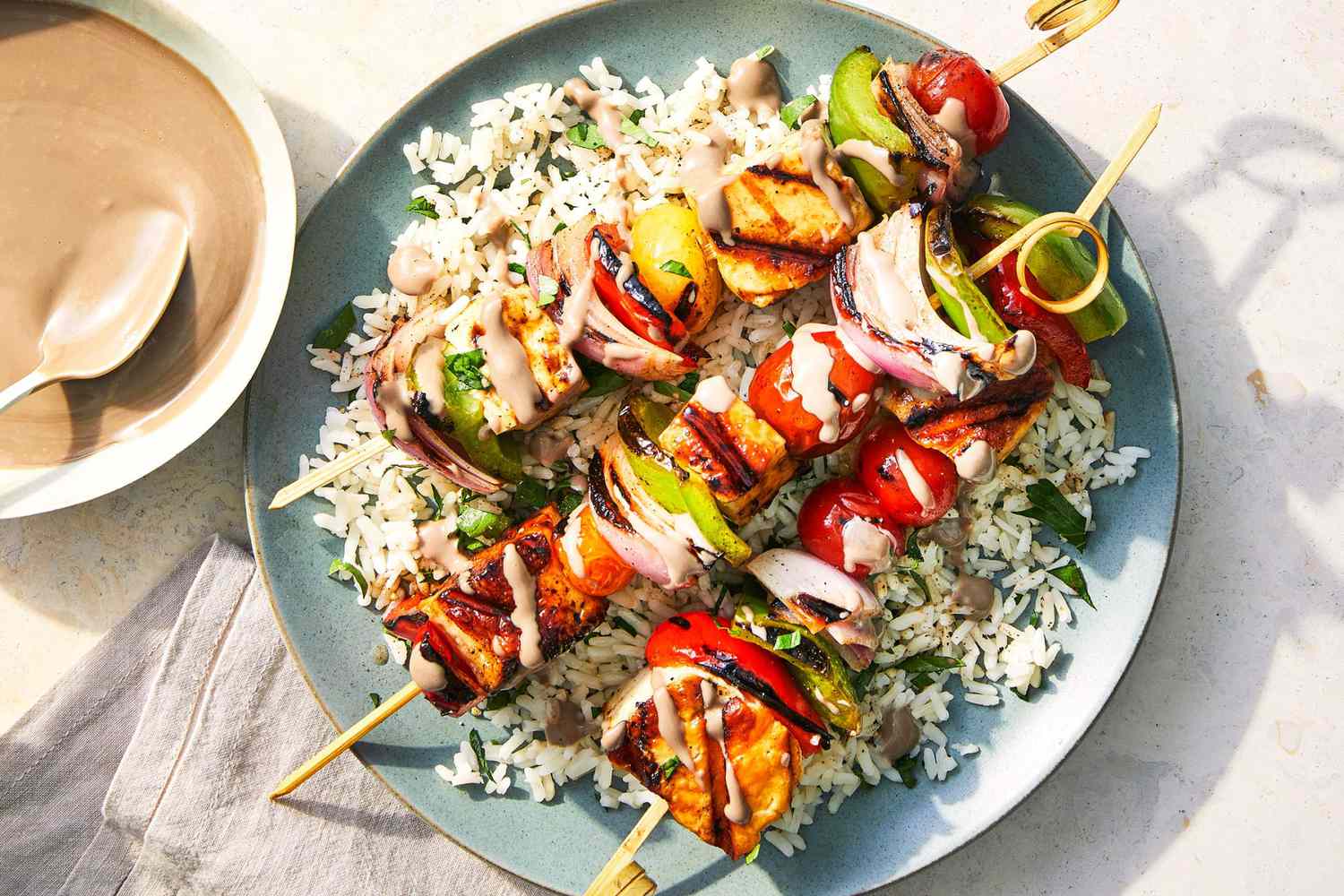 Charred Vegetable Kebabs with Garlic Yogurt Sauce