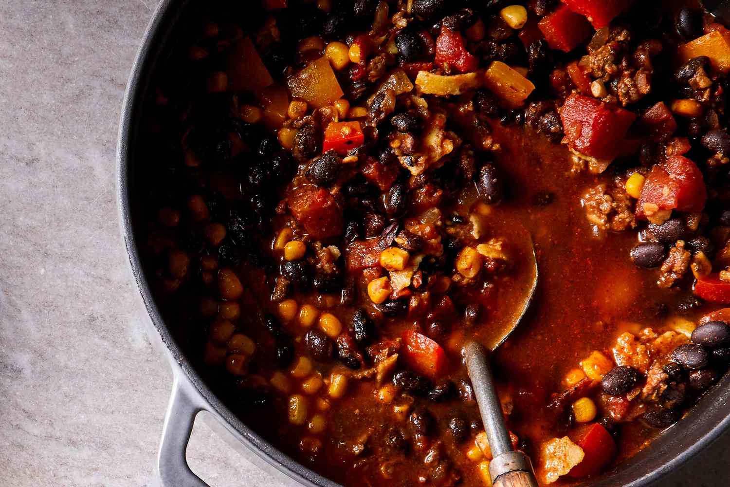 Slow-Cooked Beef and Black Bean Chili with Corn