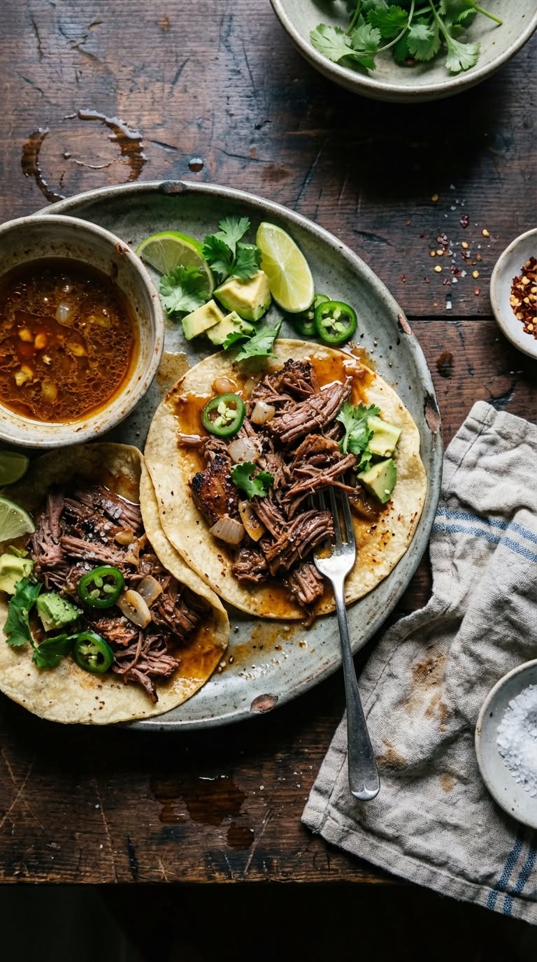Mole-Inspired Braised Beef Tacos with Toasted Sesame and Cilantro