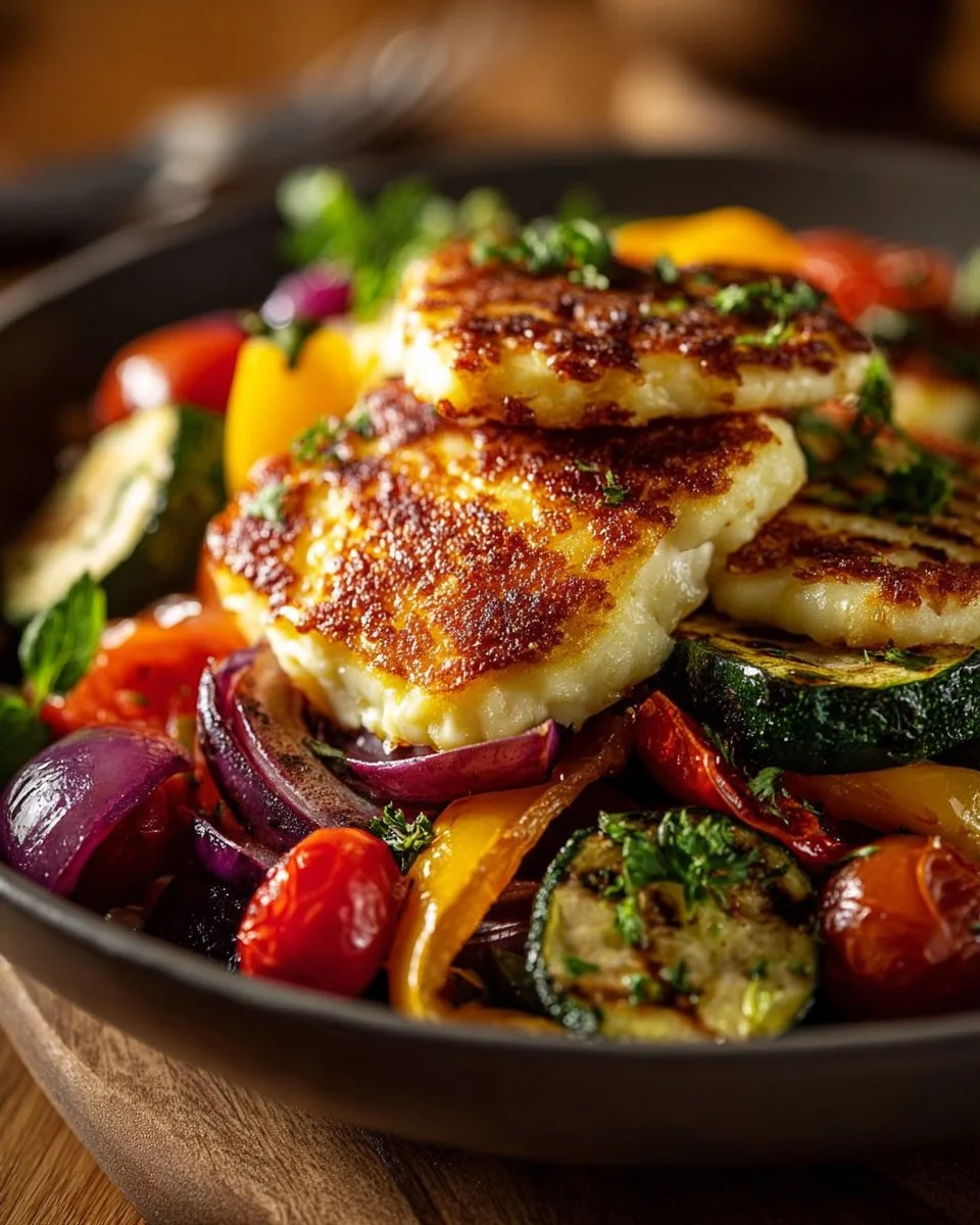 Grilled Red Pepper and Halloumi Salad with Lemon-Mint Dressing
