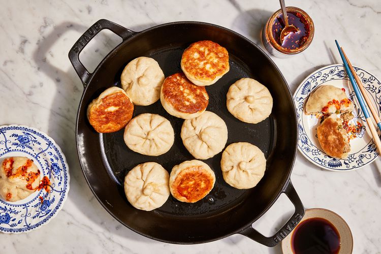 Pan-Fried Pork Buns with Scallion Soy Glaze