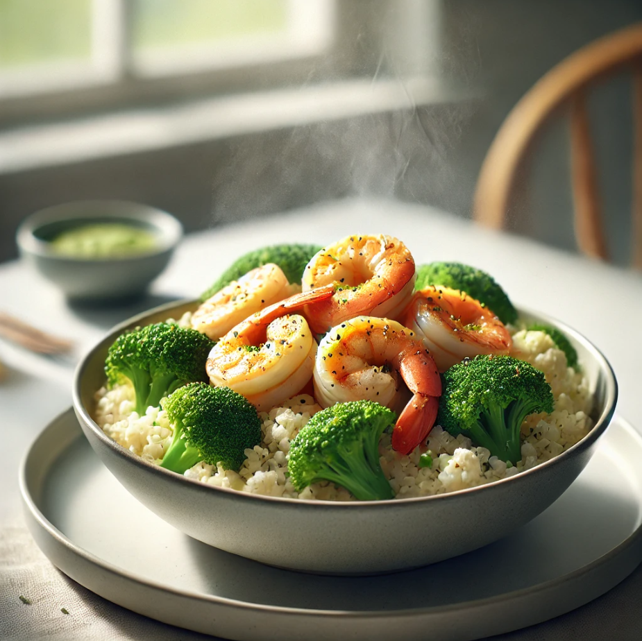 Sautéed Shrimp and Cauliflower Rice Bowl with Garlic and Lemon