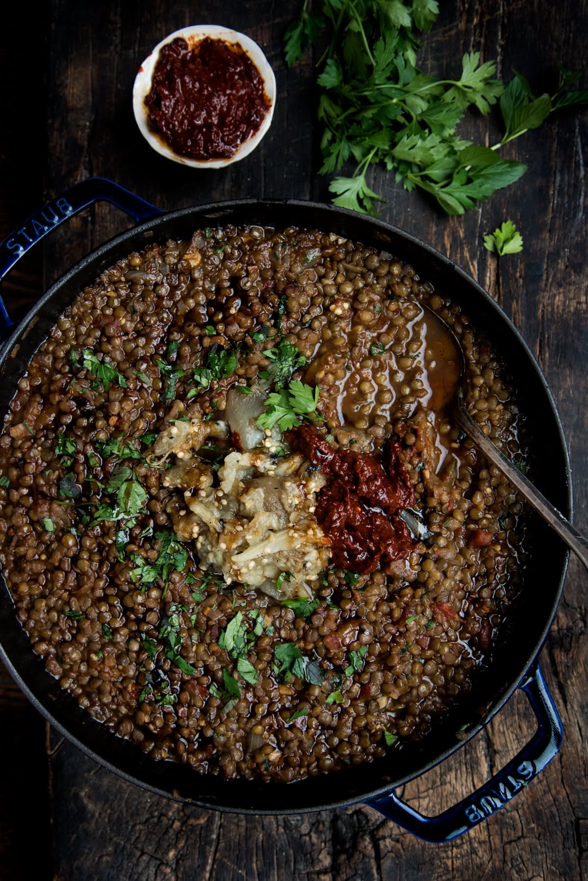 Harissa-Spiced Eggplant and Lentil Stew