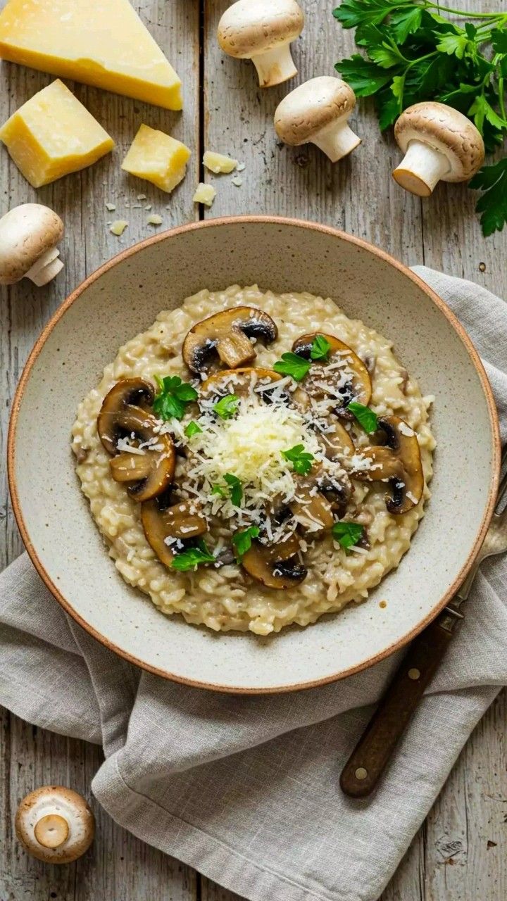 Italian Sautéed Mushroom and Spinach Risotto with White Wine