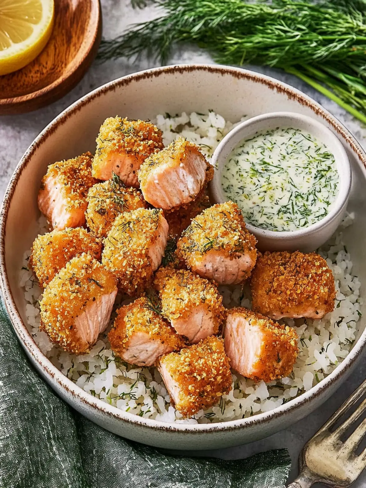 Crispy Herb Air-Fried Salmon with Lemon-Dill Sauce