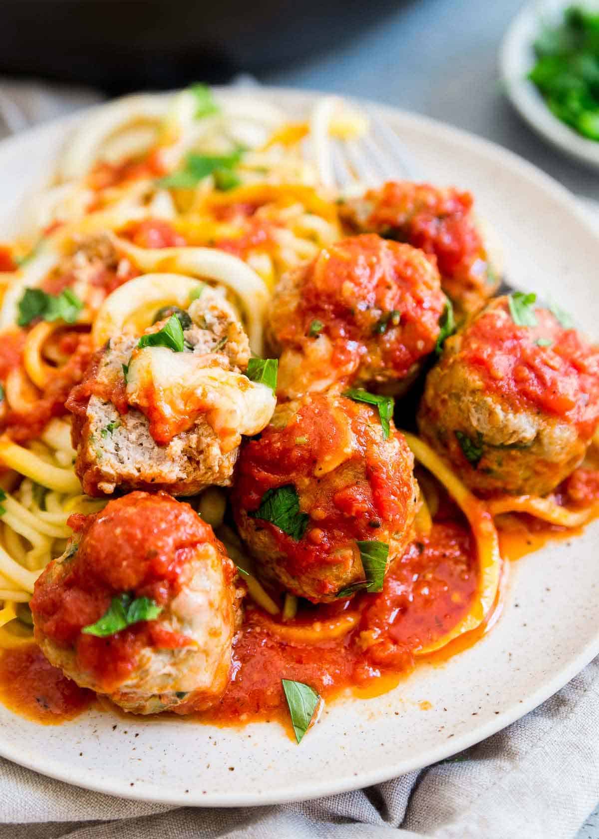 Cheddar-Stuffed Keto Meatballs with Zucchini Noodles