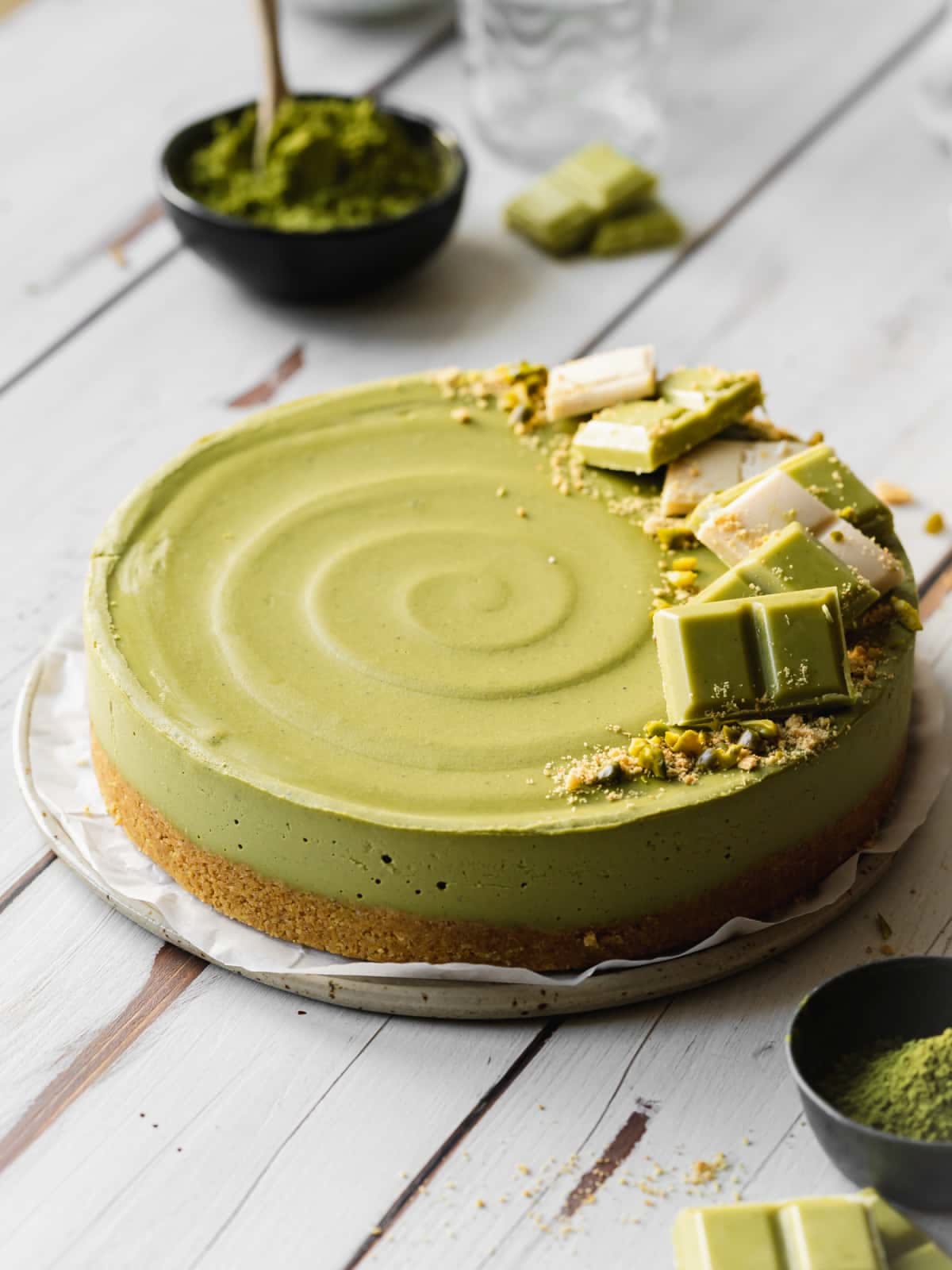 No-Bake Chilled Matcha Cheesecake with Almond Crust